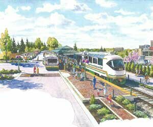 trail-rail-transit-20080400 An artist’s depiction shows a train station on the Burlington Northern Sante Fe rail line that runs parallel to Interstate 405.
