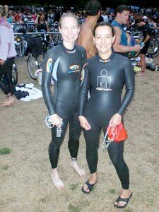 Contributed Jennifer Gutierrez and Vivian Page at the start of a Lake Sammamish Triathlon.
